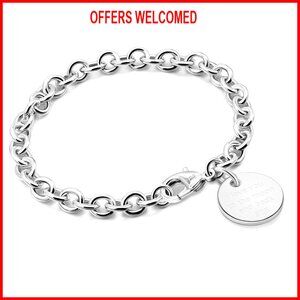 Sterling Silver Cable Chain Bracelet with Heart Bell Square Circle Pendant